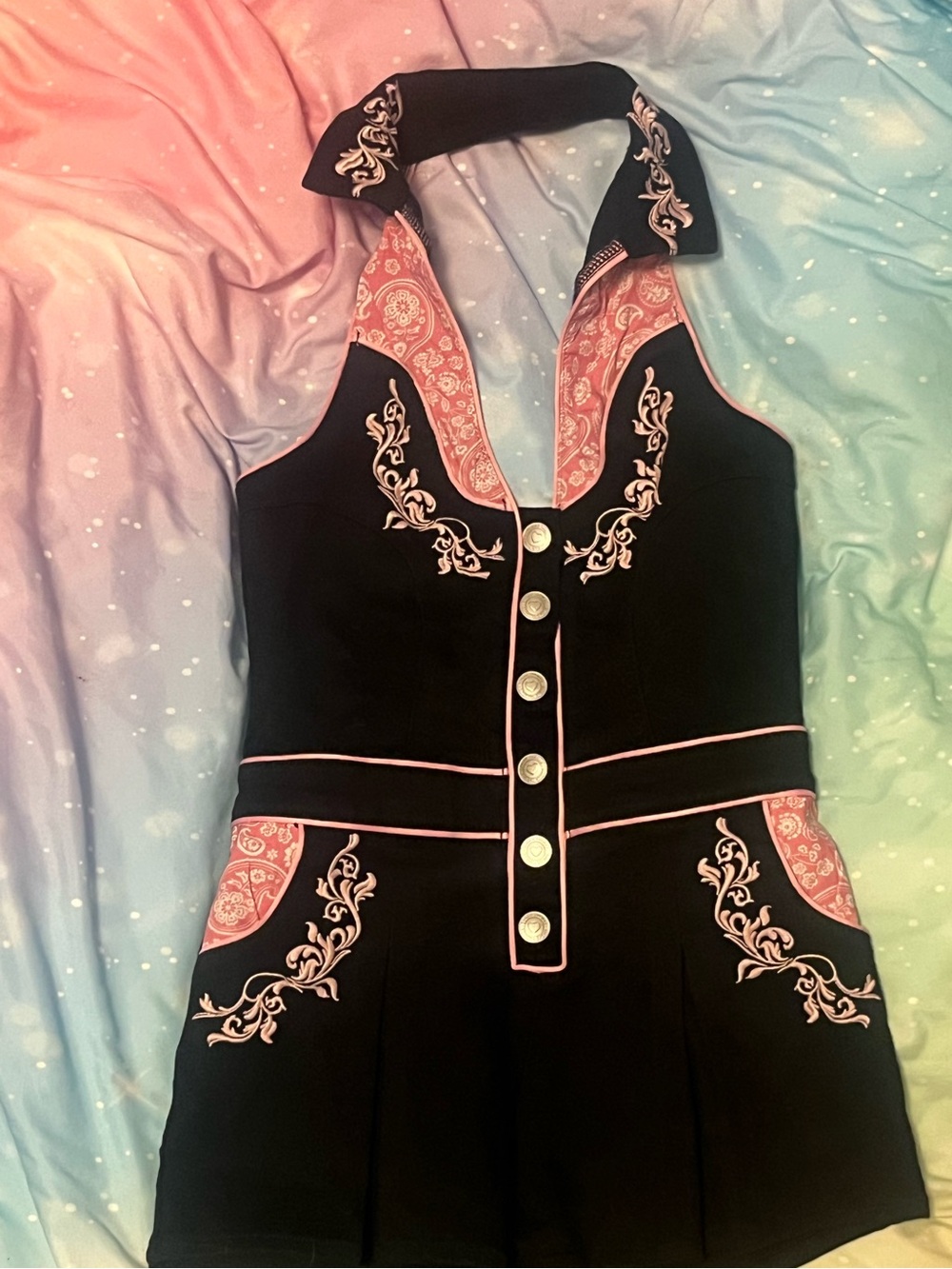 Sugar Thrillz Black and Pink Embroidered Halter Romper